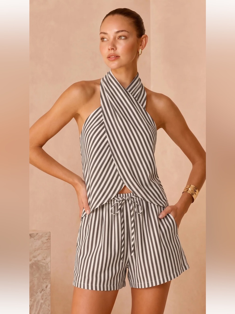Striped Halter Top & Drawstring Shorts Set